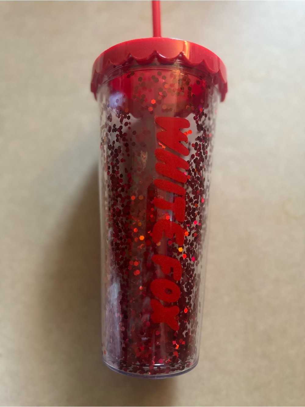 Kylen White Fox Tumbler, red glitter
